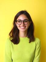 Cheerful and confident young woman with glasses and a warm smile portraying a social media specialist or digital marketing professional in a vibrant studio setting photo