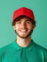 A vibrant portrait of a friendly enthusiastic young courier in uniform smiling confidently against a vibrant green and red background photo