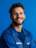 Cheerful and friendly portrait of a young male mechanic in a blue uniform standing against a vibrant blue studio background with a confident approachable expression photo