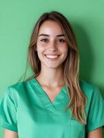 Cheerful and confident young female healthcare professional wearing green medical scrubs smiling warmly against a vibrant green background photo