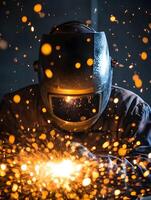 A skilled welder in protective gear working diligently creating a dazzling display of sparks and smoke as they expertly manipulate metal in an industrial workshop or factory environment photo