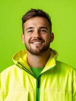 Cheerful and confident portrait of a young geologist wearing a green jacket and smiling at the against a vibrant green background photo