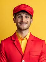 A friendly smiling bellhop dressed in a bright red uniform with a matching cap standing against a vibrant yellow background and looking ready to provide helpful service photo