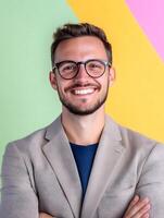 A portrait of a young friendly looking man in a suit and glasses smiling confidently against a colorful background representing an entertainment industry professional or specialist photo
