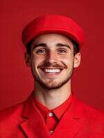 Cheerful and welcoming portrait of a young male bellhop or hotel staff member wearing a red uniform and cap standing in front of a solid red background and smiling directly at the photo