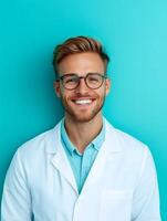 Friendly portrait of a youthful beaming biologist wearing a white lab coat and glasses against a vibrant blue background photo