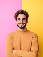 Friendly and confident portrait of a young man with glasses wearing a casual sweater set against a vibrant pink and yellow background photo