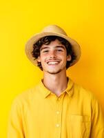 Cheerful portrait of a young man wearing a straw hat and a casual yellow shirt smiling confidently against a vibrant yellow studio background photo