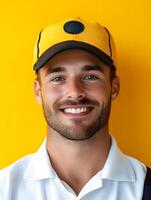 Cheerful portrait of a young bearded man wearing a yellow cap and uniform smiling confidently against a vibrant yellow background photo