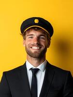 Friendly and confident portrait of a young smiling cruise director in his uniform standing against a vibrant yellow background photo