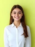 Cheerful and friendly young woman wearing a white shirt smiling confidently at the in a professional setting photo