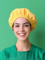 Cheerful portrait of a young friendly looking housekeeper wearing a green uniform and yellow chef s hat standing against a vibrant green background and displaying a warm inviting smile photo
