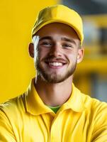Cheerful portrait of a young male warehouse worker wearing a yellow uniform and safety helmet standing in front of a bright yellow background photo
