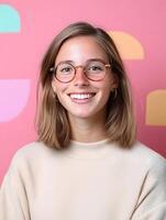 Friendly portrait of a young smiling woman wearing round glasses and a light sweater set against a vibrant colorful background photo