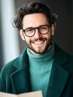 Headshot of a confident friendly looking young man with brown hair and glasses wearing a green sweater and smiling warmly against a vibrant colorful background photo