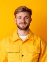 Closeup portrait of a friendly and confident young man with a beard wearing a yellow casual work shirt smiling against a vibrant yellow background photo