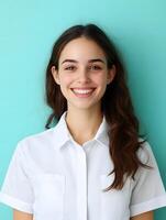 Cheerful portrait of a young woman with long hair and a warm genuine smile against a vibrant turquoise background photo