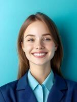 Cheerful portrait of a young friendly woman wearing a business uniform with a warm and welcoming expression photo