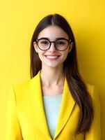 Headshot of a confident cheerful woman with long dark hair and glasses wearing a stylish yellow jacket against a bright minimalist background photo