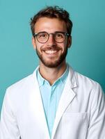 Friendly professional looking biologist wearing a white lab coat and glasses standing against a teal colored studio background and smiling confidently at the photo