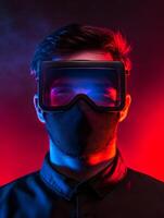 Close up portrait of a person wearing a futuristic virtual reality headset with dramatic lighting and a moody intense expression photo