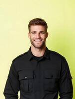 Friendly and confident young man in a black uniform and jacket posing with a warm smile against a vibrant color background photo