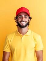 Cheerful portrait of a young male delivery driver wearing a red cap and yellow polo shirt standing against a vibrant yellow background and smiling confidently photo