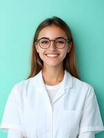 Close up portrait of a friendly cheerful young woman wearing eyeglasses and a white medical coat smiling confidently against a mint green background photo