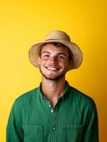 Cheerful portrait of a young smiling male farm worker standing in front of a vibrant yellow backdrop exuding confidence and positivity photo