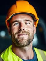 Close up portrait of a smiling male worker wearing a yellow hardhat and high visibility safety vest representing a heavy equipment operator in a construction or industrial setting photo