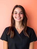 Portrait of a young friendly and confident looking hair stylist dressed in a stylish black uniform against a vibrant peach colored background that highlights her warm photo