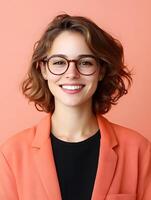 Portrait of a confident friendly young woman in a professional business setting showcasing her role as a communications director photo