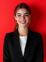 Portrait of a young confident and friendly looking woman wearing a black suit standing against a vibrant red background and smiling warmly at the photo