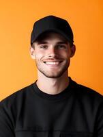 Portrait of a friendly and confident young man wearing a black cap and t shirt smiling warmly against a bright orange background photo