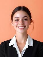 Portrait of a friendly and professional hotel receptionist offering a warm welcome and customer service with a smile photo