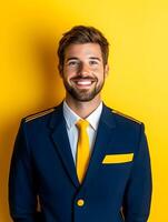Portrait of a confident cheerful young businessman wearing a formal navy blue suit and yellow tie standing against a bright yellow background with a friendly optimistic expression photo