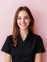 Portrait of a cheerful friendly young woman working as a manicurist smiling confidently against a vibrant colored background photo