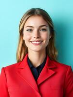 Portrait of a confident and friendly young woman in a red jacket posing with a welcoming expression against a blue background photo