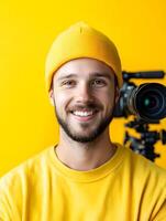 Portrait of a young enthusiastic and friendly film critic or videographer smiling confidently against a vibrant yellow background photo