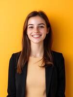 Portrait of a cheerful confident young woman in business attire smiling against a vibrant yellow background in a studio setting photo