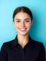 Headshot portrait of a young friendly and professional looking woman in a black corporate uniform with a bright and welcoming expression on her face photo