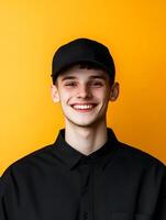 Portrait of a cheerful energetic young man wearing a black cap and shirt smiling confidently against a bright vibrant orange studio background photo