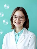 Portrait of a young cheerful and friendly female chemist or scientist wearing a white lab coat and glasses standing against a turquoise colored background and smiling confidently photo