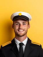 Portrait of a young smiling crew member in a cruise ship uniform portraying a friendly and professional demeanor photo