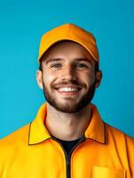 Portrait of a friendly young male warehouse worker wearing a yellow safety jacket and hardhat smiling confidently against a bright blue background photo