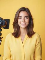 Portrait of a young confident and cheerful journalist posing with a smile in front of a vibrant yellow background ready to capture and share important stories photo