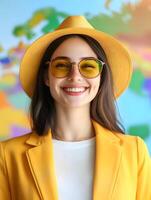 Portrait of a young smiling travel agent wearing sunglasses and a hat standing in front of a vibrant colorful background photo