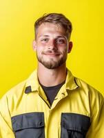 Portrait of a cheerful bearded young man wearing a yellow and gray work jacket smiling confidently against a vibrant yellow background photo