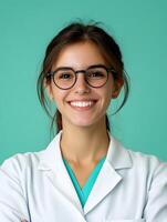 Portrait of a young enthusiastic and friendly biologist wearing a white lab coat and glasses with a warm smile on a vibrant green background photo