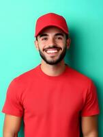 Portrait of a friendly cheerful young man wearing a red uniform shirt and cap smiling confidently against a vibrant green background photo